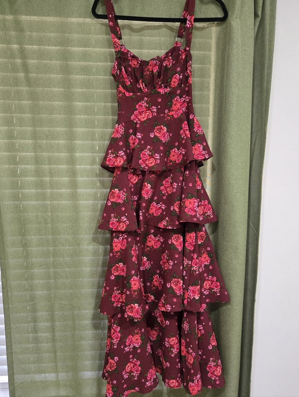 Altar'd State Burgundy Maxi Dress with Pink Rose Print